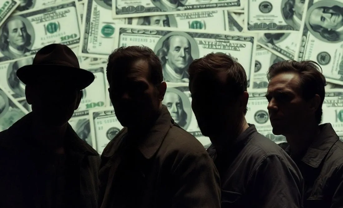 Silhouetted figures in front of a backdrop of $100 bills, evoking themes of crime and intrigue.$# CAPTION