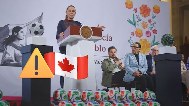 A speech being delivered at a podium adorned with a soccer ball and Canadian flag, with attendees seated nearby and themed decorations in the background.$# CAPTION