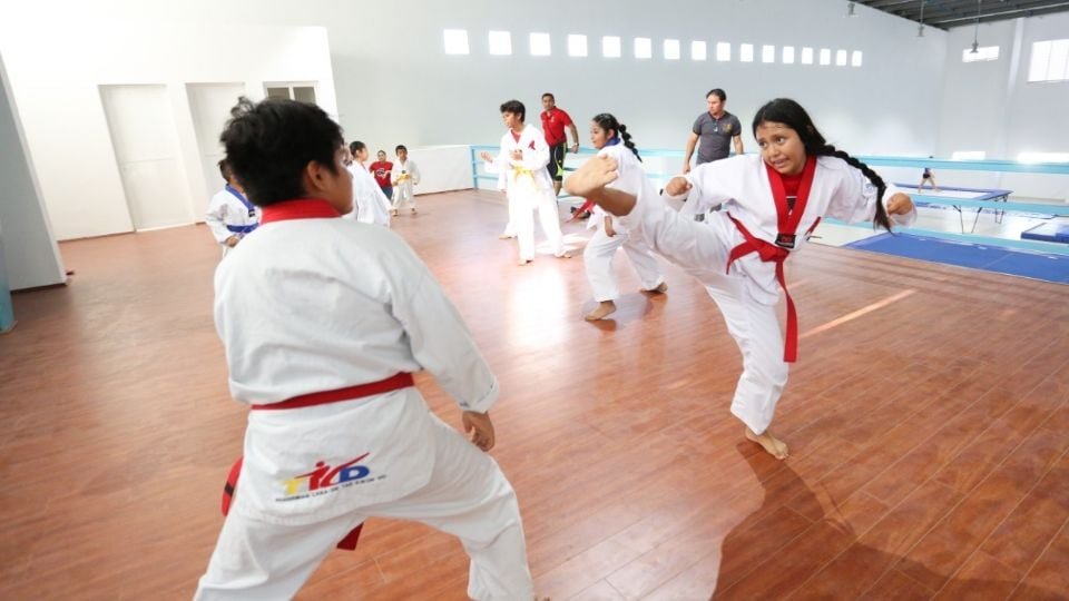 children practicing taekwondo in a gym