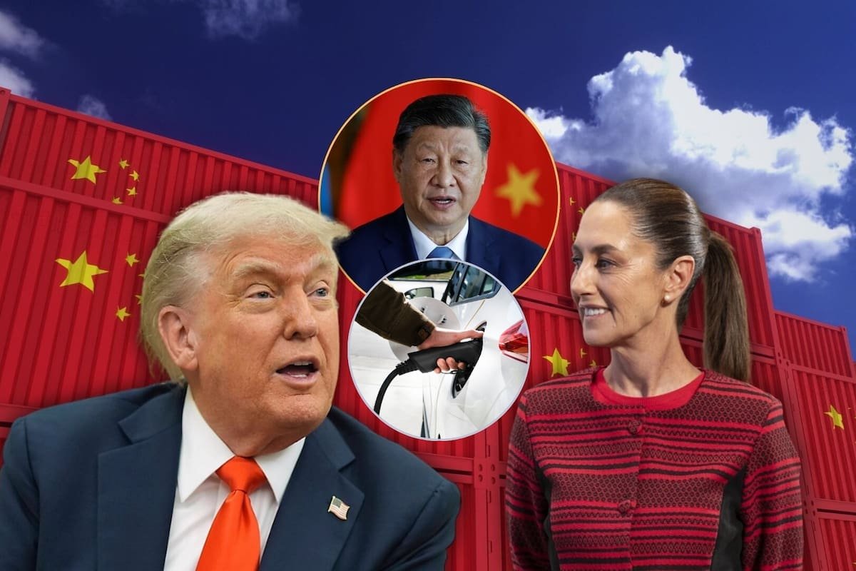 A collage featuring Donald Trump, Xi Jinping, and a woman, with shipping containers in the background, symbolizing international trade dynamics.$#$ CAPTION