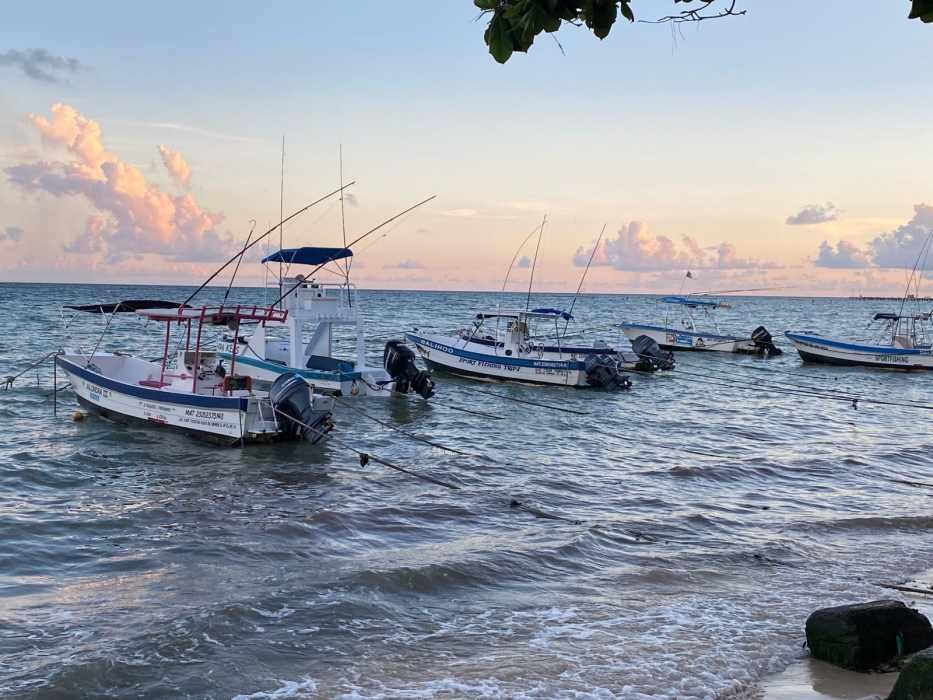 Several fishing boats anchored in calm waters during sunset, with clouds reflecting pink and orange hues in the sky.$#$ CAPTION