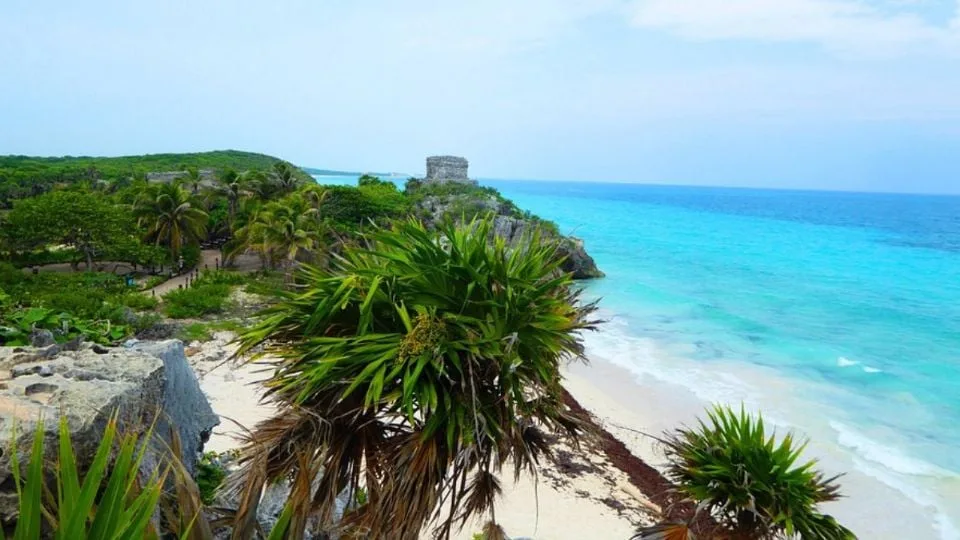 a scenic view of a tropical beach featuring palm trees and ancient ruins along the coastline with turquoise waters-