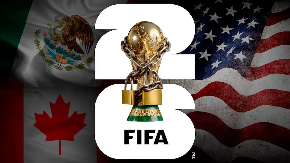Illustration of Donald Trump and FIFA logo with Mexican flag in background