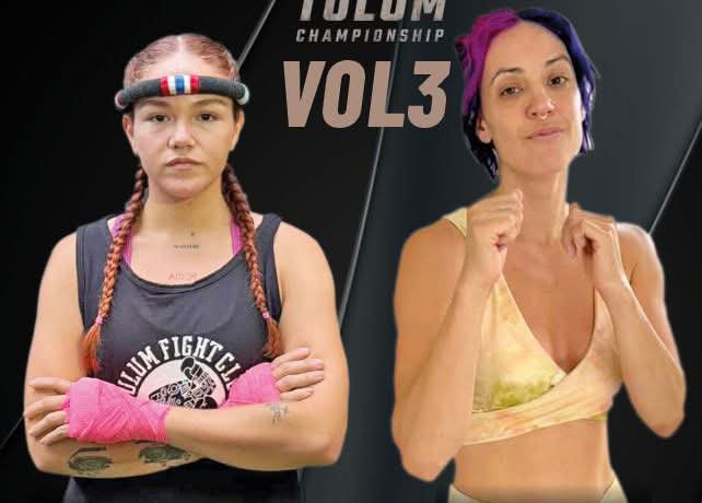 Two female fighters posing for a championship event with one in a black tank top and the other in a light-colored outfit