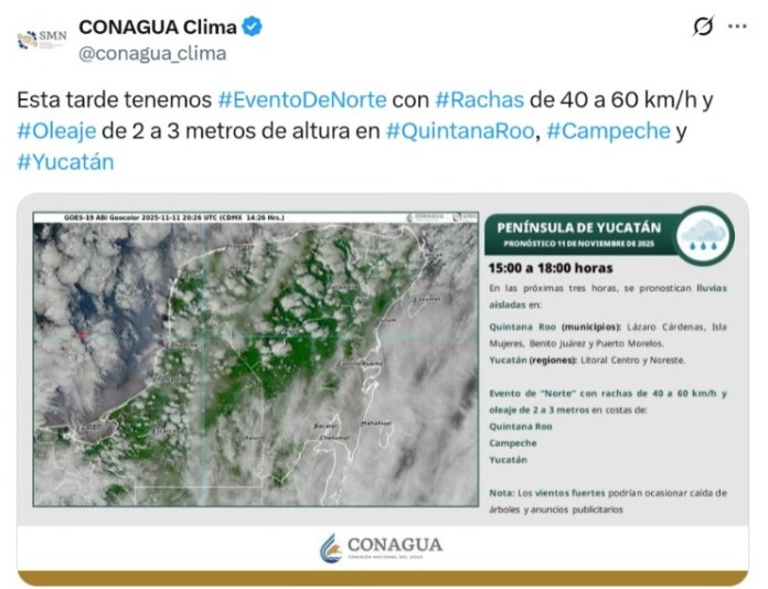 Satellite image showing weather conditions in Quintana Roo, Campeche, and Yucatán with predictions of high winds and wave heights between 2 to 3 meters.$# CAPTION