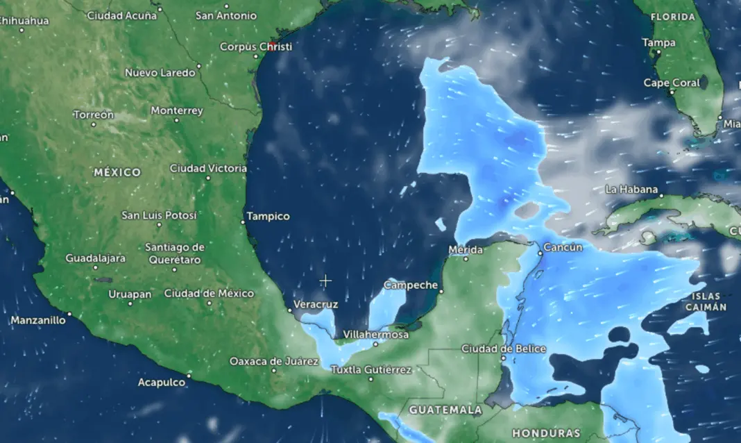 A weather map displaying the Gulf of Mexico and surrounding regions with weather patterns indicated in blue tones. Cities and geographical features are labeled.