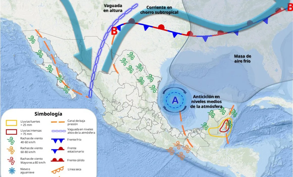 A weather map of Mexico showing various meteorological phenomena including high and low pressure systems, wind patterns, and precipitation forecasts.$# CAPTION
