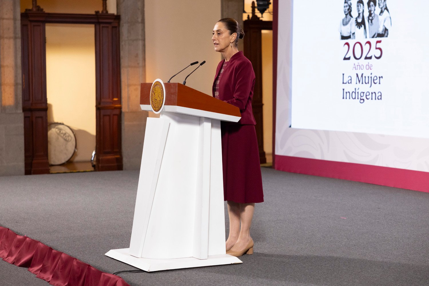 A woman addresses the audience at an event marking the Year of the Indigenous Woman 2025.