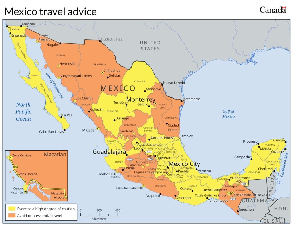 Map showing Canada's travel alert for Mexico with color-coded risk levels