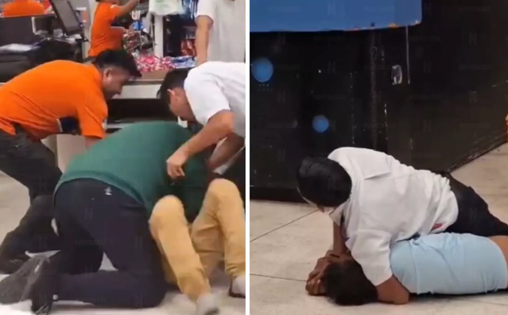 Security guards detaining a man at Chedraui supermarket in Cancún
