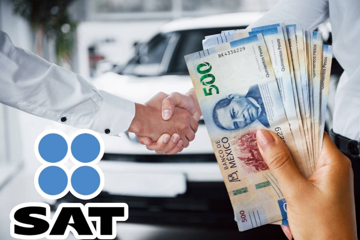 Illustration showing a car and tax documents with the SAT logo