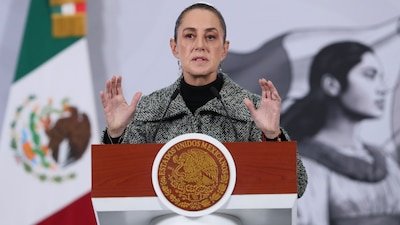 Mexican President Claudia Sheinbaum speaking at a press conference