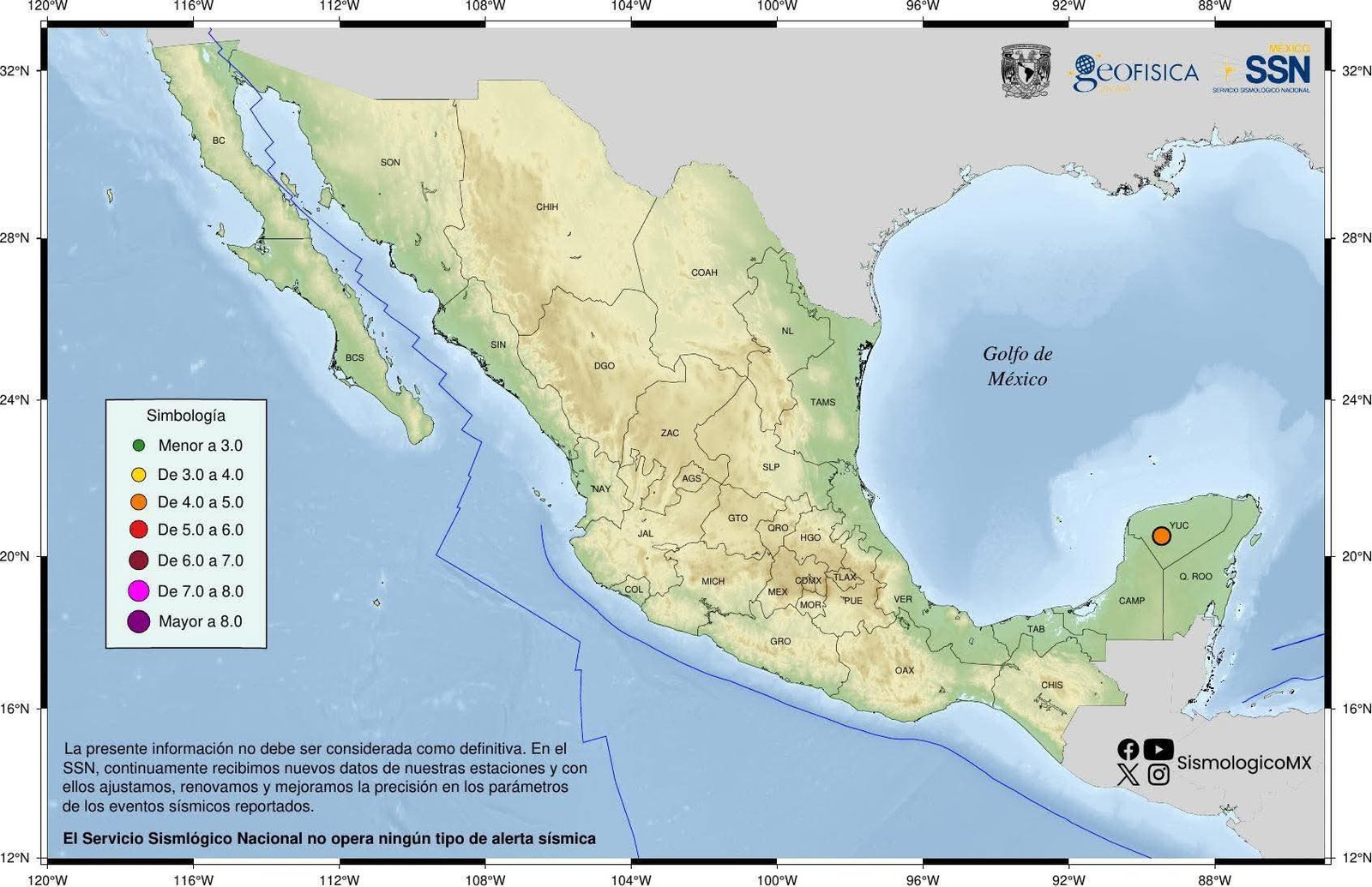Map showing earthquake locations in southern Yucatán