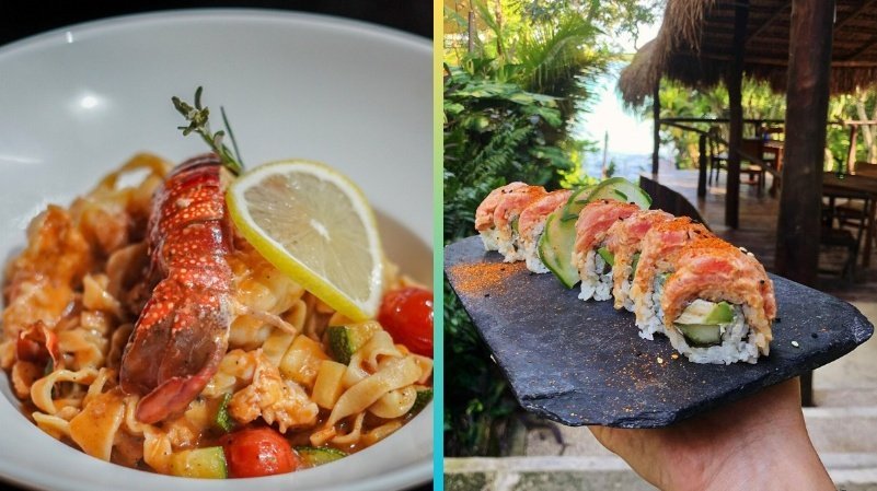 A delicious lobster pasta dish topped with lemon and a beautifully arranged sushi platter held against a tropical background.