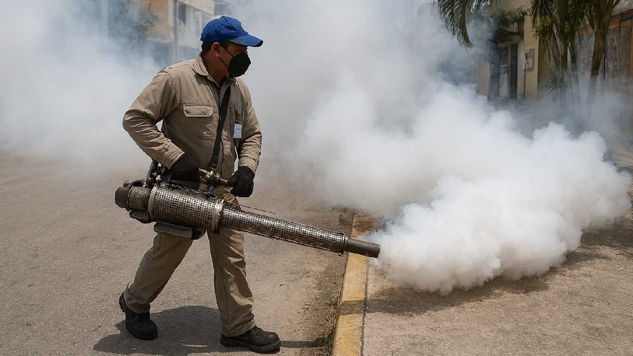 Health workers conducting fumigation to combat chikungunya mosquitoes in Quintana Roo