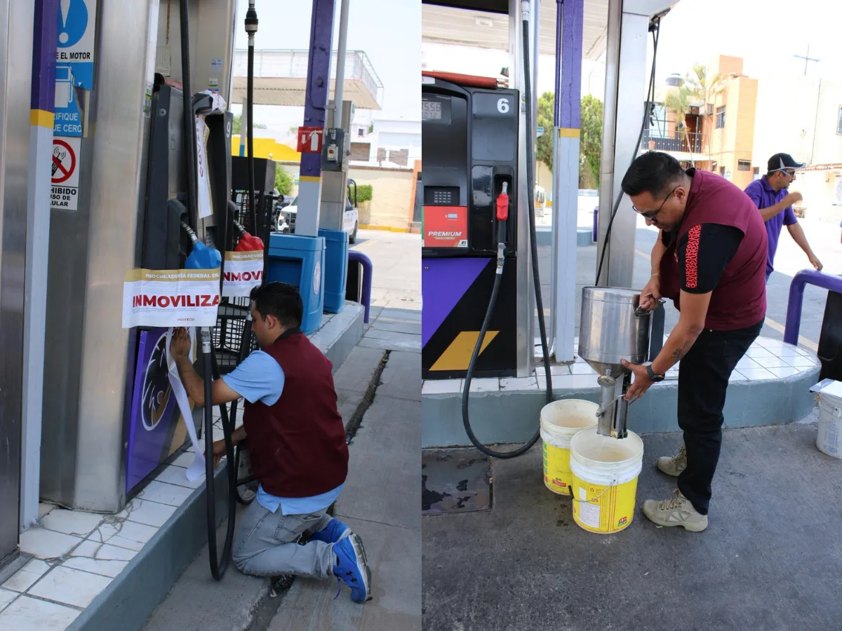 Officials inspecting a gas station pump in Quintana Roo