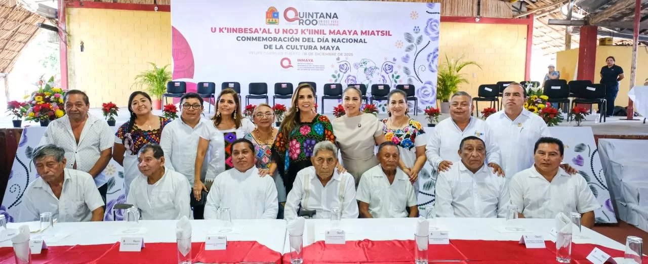 Governor Mara Lezama speaking at the National Day of Maya Culture commemoration in Felipe Carrillo Puerto