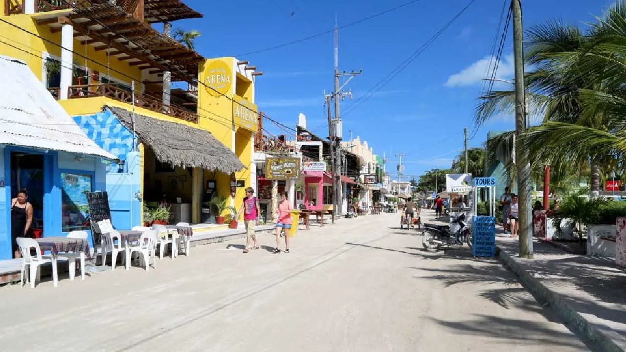 Aerial view of Holbox Island showing beaches and tourist activity
