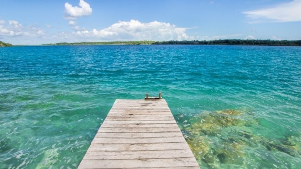 Aerial view of the multi-colored Laguna de Bacalar in Quintana Roo