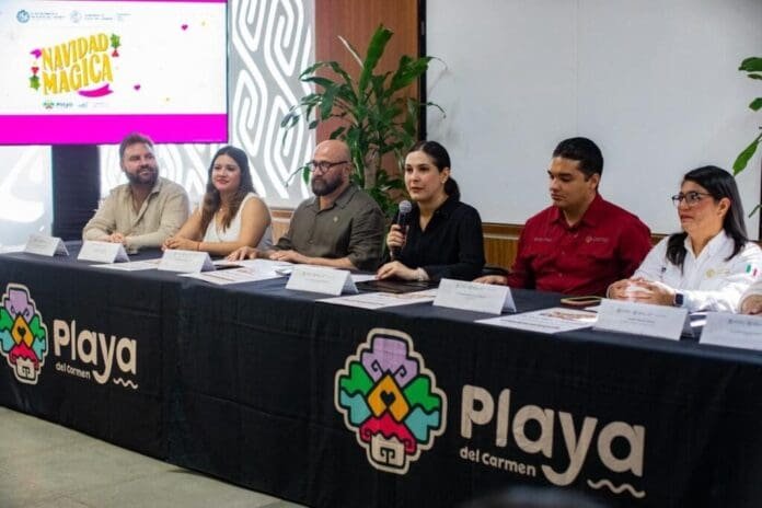 Mayor Estefanía Mercado announcing the Magical Christmas 2025 program in Playa del Carmen