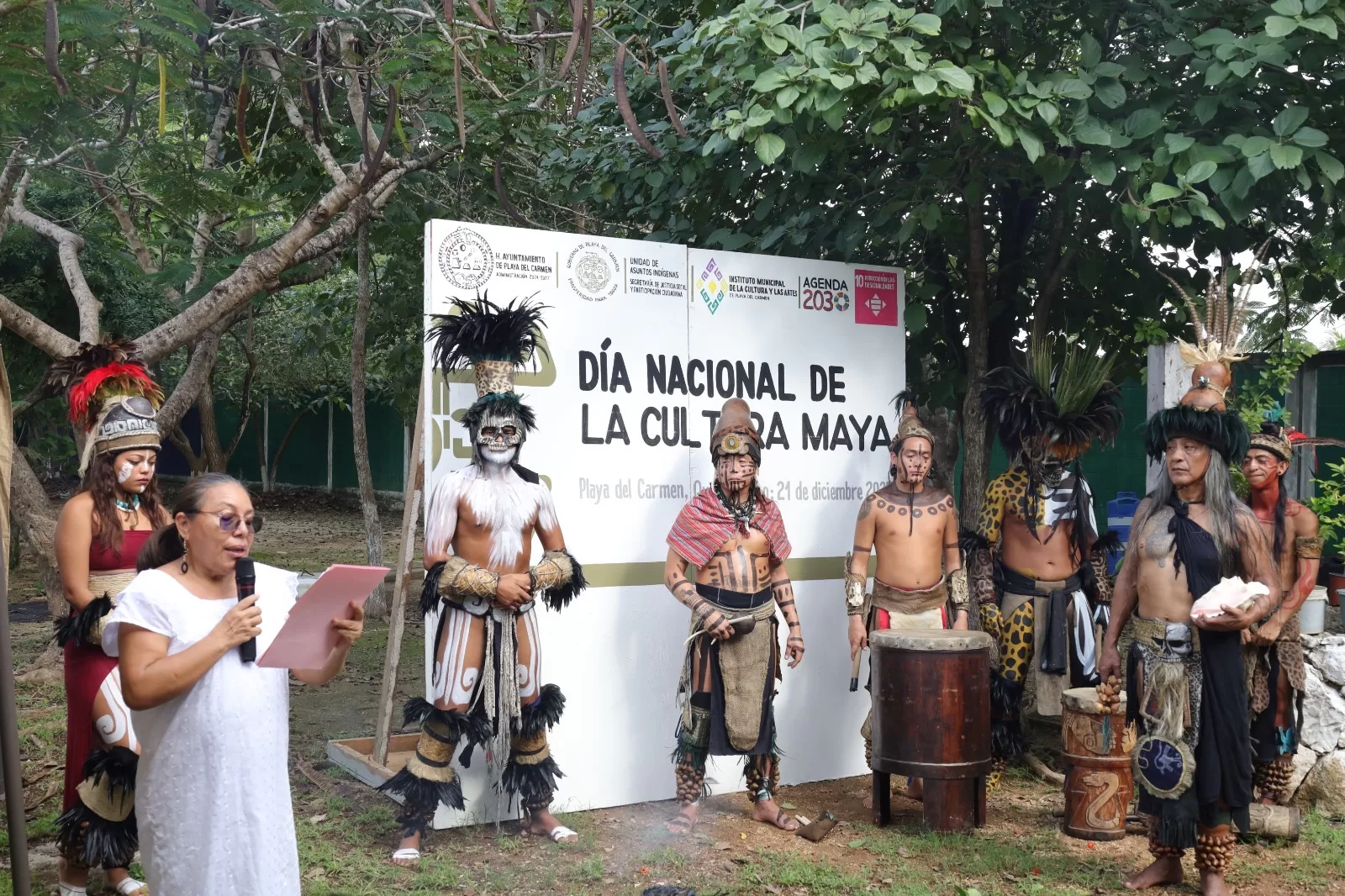 Officials and participants at the Maya Culture Day ceremony in Playa del Carmen