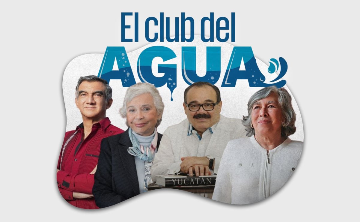Illustration showing politicians Américo Villarreal Olga Sánchez Cordero Jorge Carlos Ramírez Marín and María Estela Ríos González who hold the largest water concessions