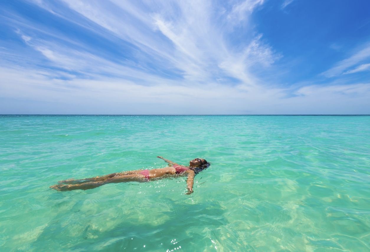 Aerial view of a calm, turquoise beach in Cancún or Riviera Maya