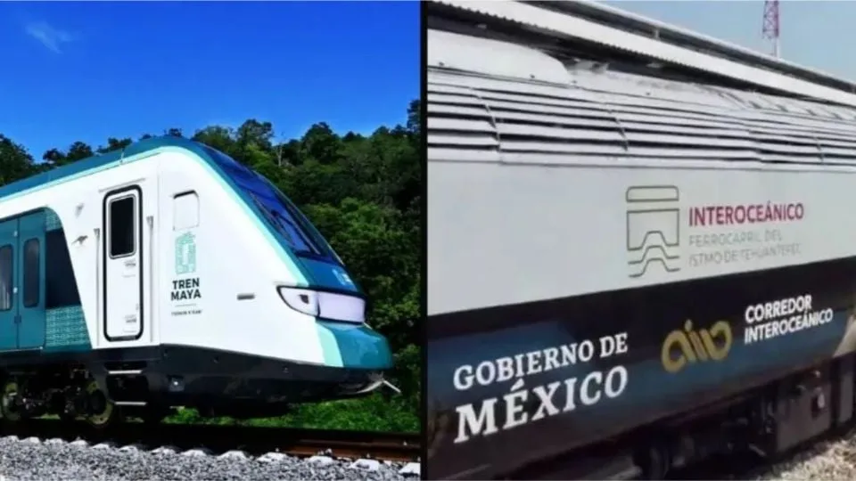 Illustration of Tren Maya and Tren Interoceánico trains with safety symbols