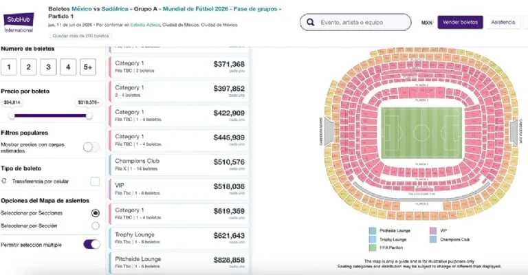 Graphic showing World Cup 2026 ticket resale prices reaching over 800000 pesos