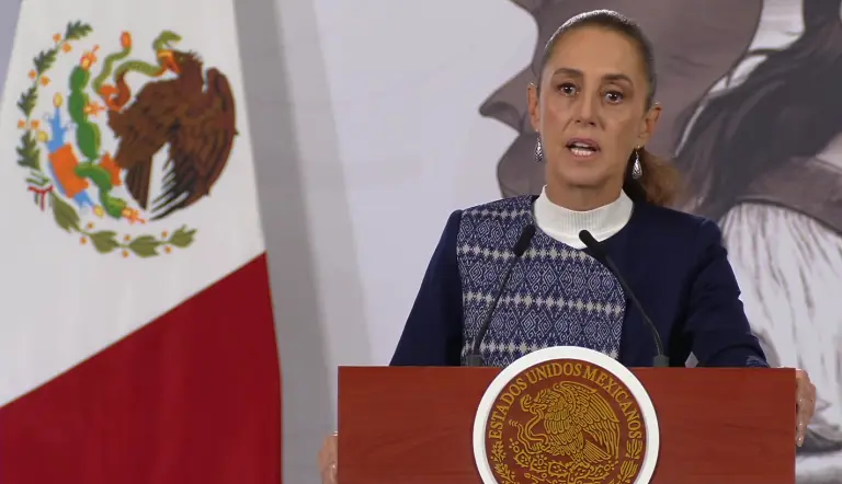 Mexican President Claudia Sheinbaum speaking at a press conference about oil shipments to Cuba
