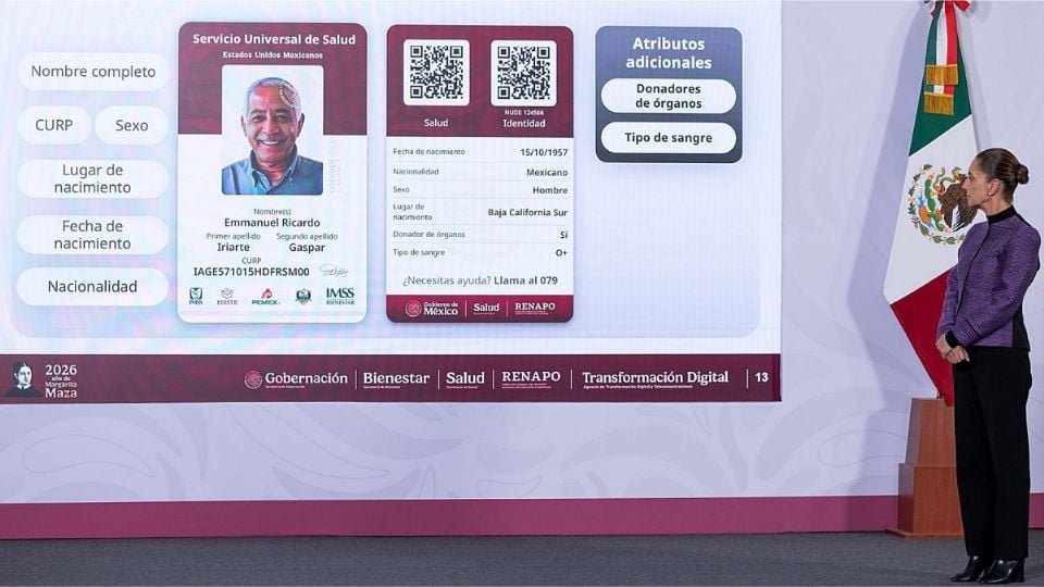 President Claudia Sheinbaum presenting the new Universal Health Service Card during a press conference