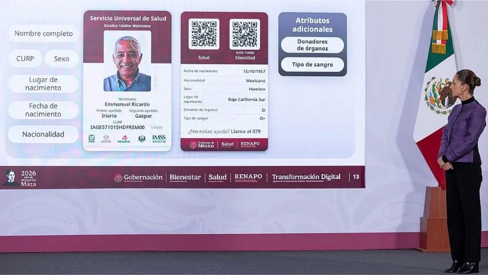 President Claudia Sheinbaum presenting the new Universal Health Service Card during a press conference