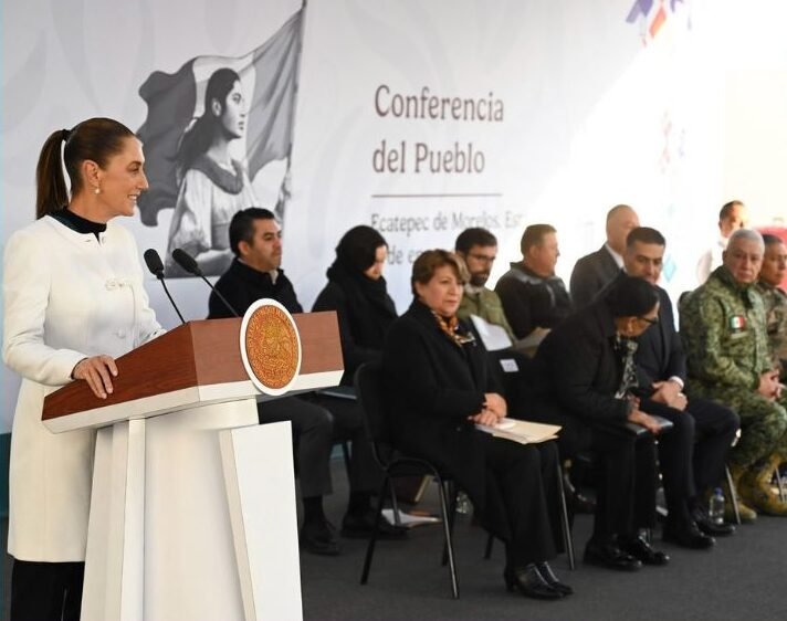Mexican President Claudia Sheinbaum speaking at a press conference