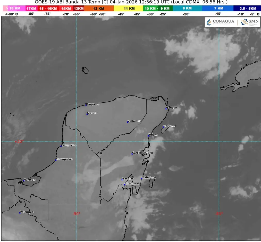 Weather map showing Cold Front 26 and high-pressure system affecting Quintana Roo