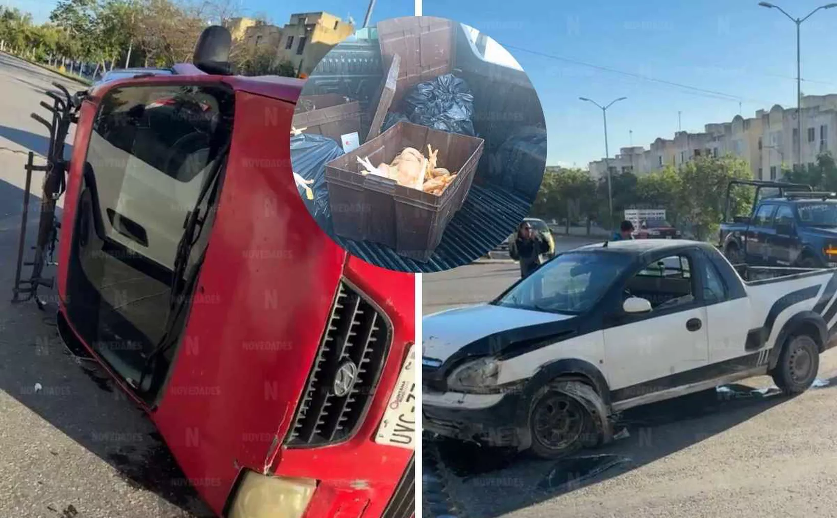 Photograph showing the aftermath of a traffic accident in Paseos del Mar, Cancún, with a vehicle on its side
