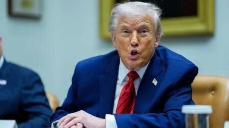 Former US President Donald Trump speaking at a press conference