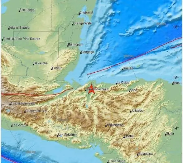 Map or graphic showing the earthquake epicenter near Honduras and affected areas in Quintana Roo