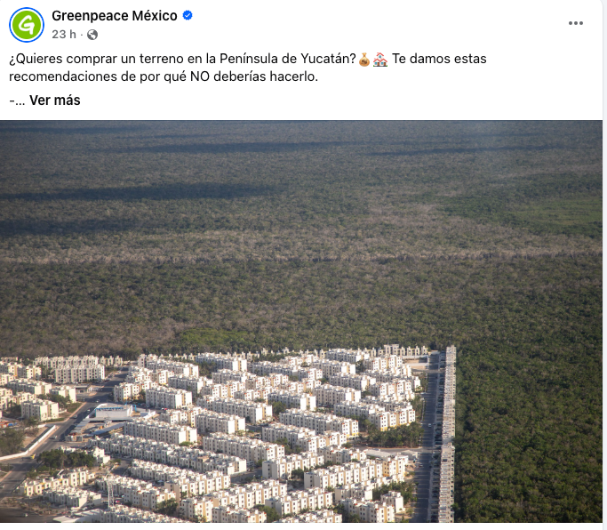 Graphic showing Greenpeace's warning about environmental damage from real estate development in Yucatán