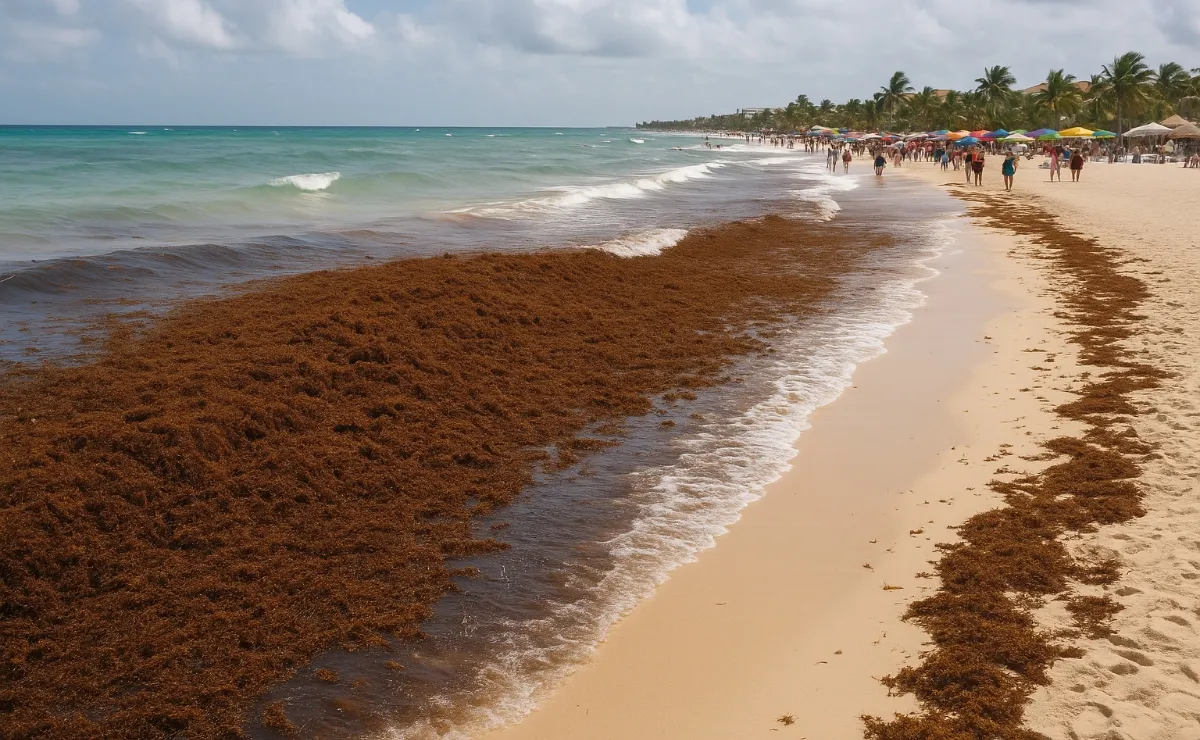 Brown seaweed covering the shoreline at a beach with people walking in the background and umbrellas set up along the sand.$# CAPTION