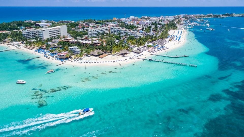 Aerial view of Playa Norte on Isla Mujeres with turquoise waters and white sand