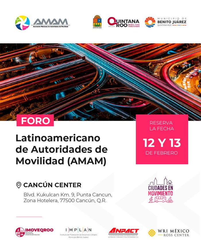 Poster for the Latin American Mobility Authorities Forum 2026 to be held in Cancún, Quintana Roo.