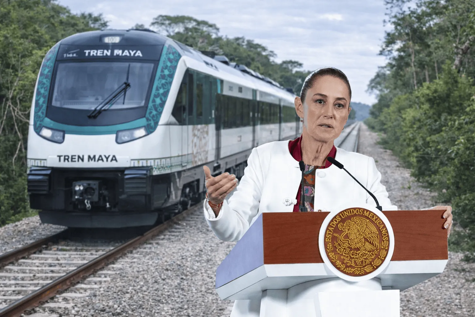 A speaker presenting at a podium with the Tren Maya train in the background, surrounded by lush greenery.$# CAPTION