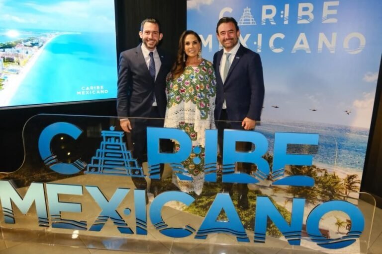 Governor Mara Lezama presenting the new tourism campaign for Quintana Roo at the Fitur 2026 event in Madrid.