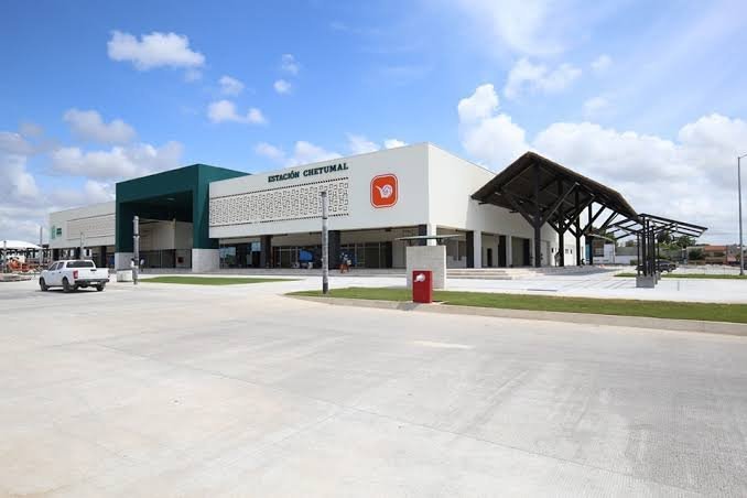 Aerial view of the Maya Train Chetumal station cargo terminal under construction