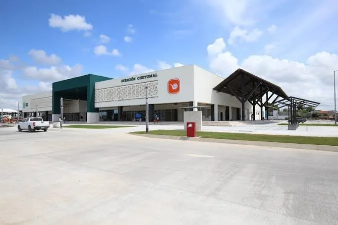 Aerial view of the Maya Train Chetumal station cargo terminal under construction