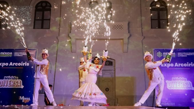 Participants and attendees at the Rainbow Expo in Mérida showcasing local products and cultural performances