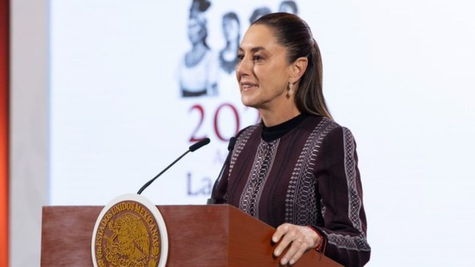 Mexican President Claudia Sheinbaum speaking at a press conference