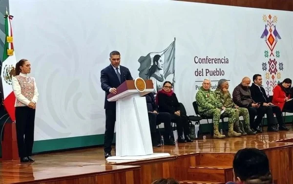 Omar García Harfuch, Secretary of Security and Citizen Protection, speaking at a press conference