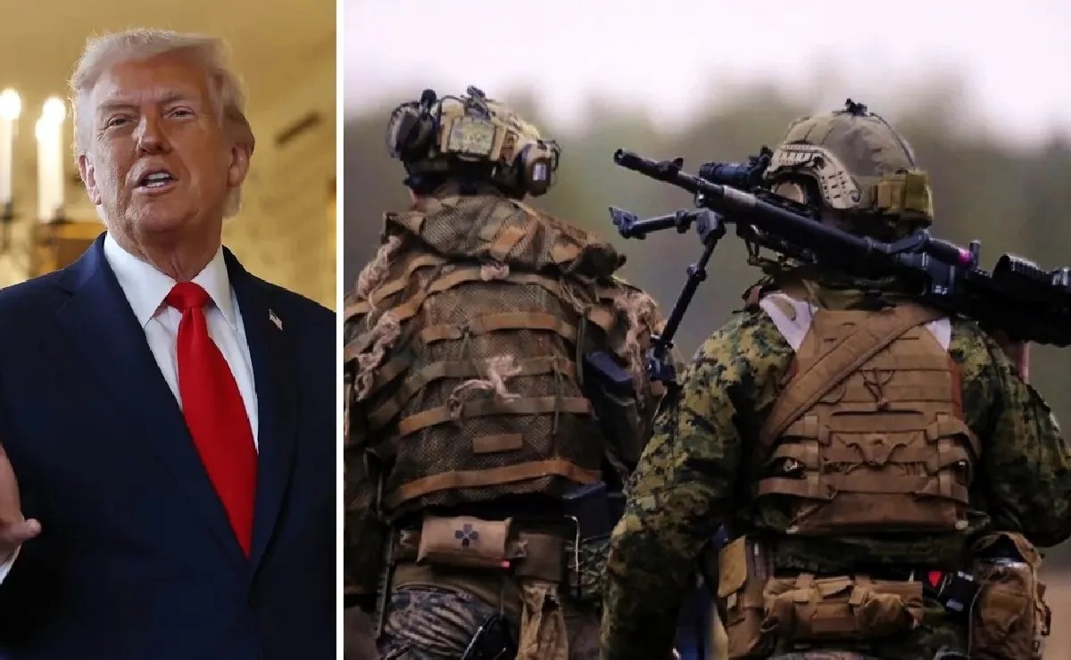 A split image showing a man speaking in a suit on one side and two armed soldiers in tactical gear on the other side.$# CAPTION