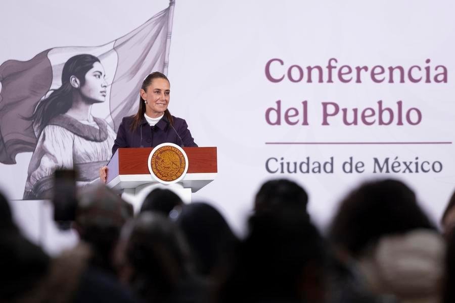 Mexican President Claudia Sheinbaum speaking at a press conference at the National Palace
